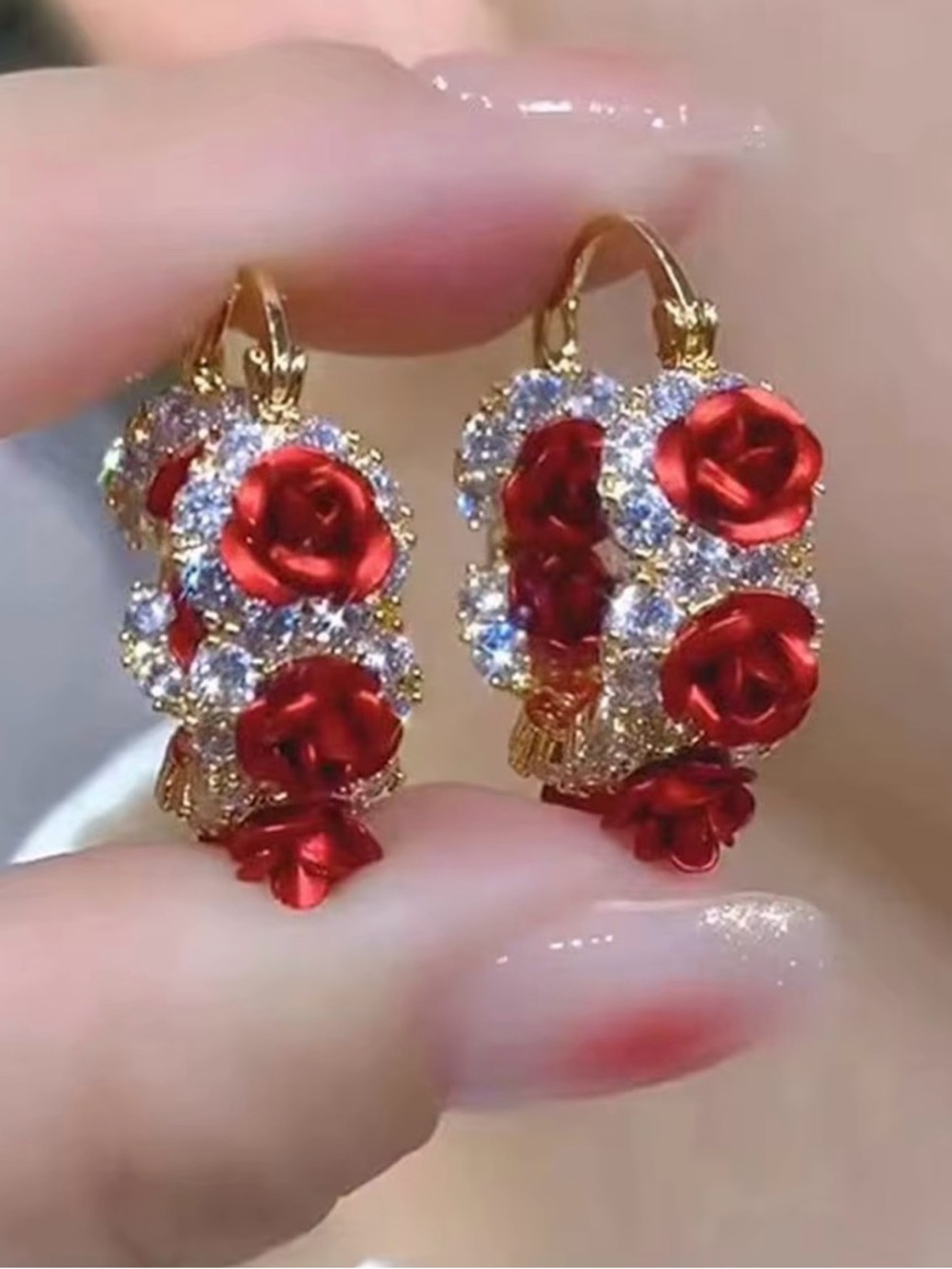 Elegant Gold Red Rose Crystal Hoop Earrings - Women Jewelry